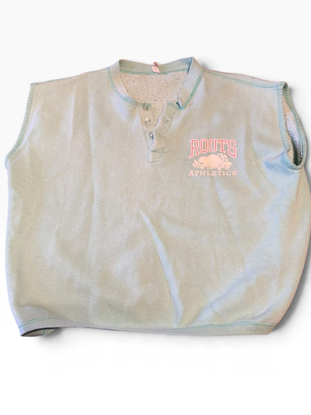 Rare vintage 80s Roots aqua Sleeveless Henley sweatshirt XL